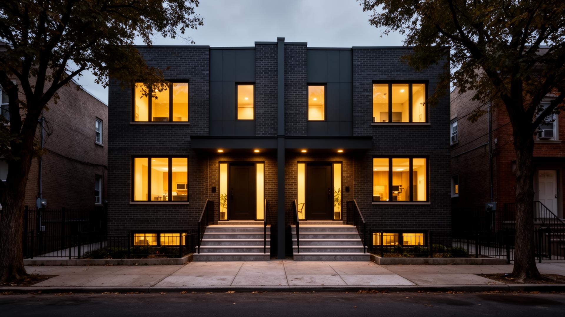 Modern new-construction two-family duplex with warm interior light at twilight