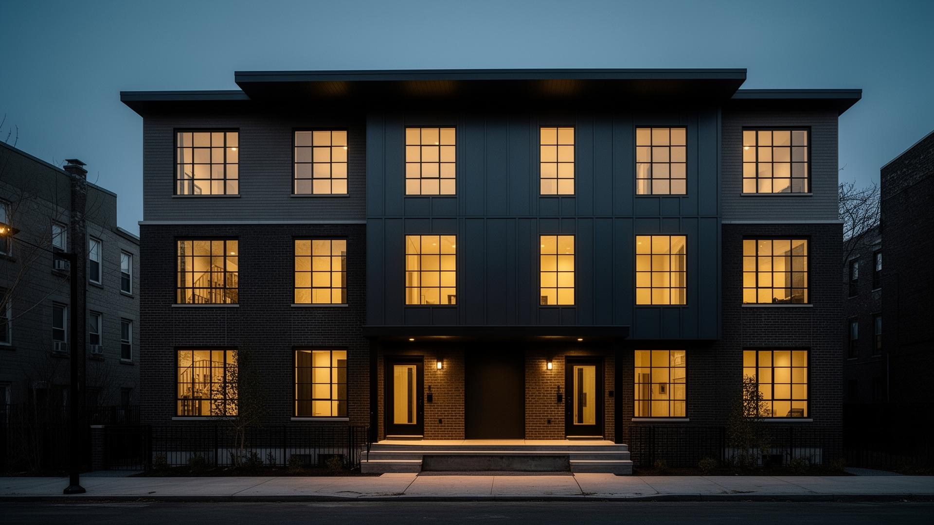 Modern small multifamily rental building, 5–7 units, at dusk